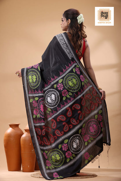 Black Color Bangalore Silk Multicolor Thread Work Kantha Stitch Saree