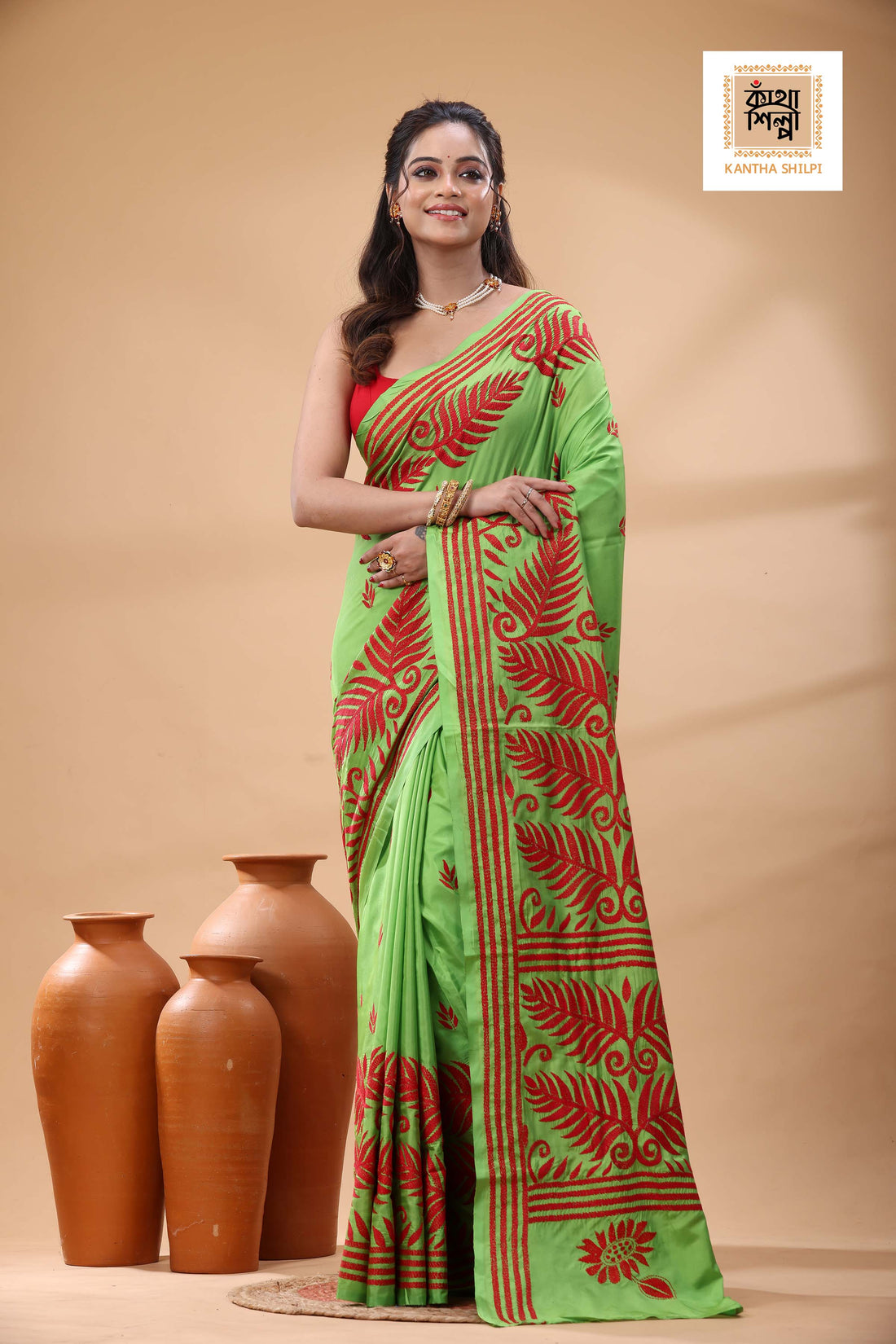 Green Color Bangalore Silk Red Color Thread Work Kantha Stitch Saree