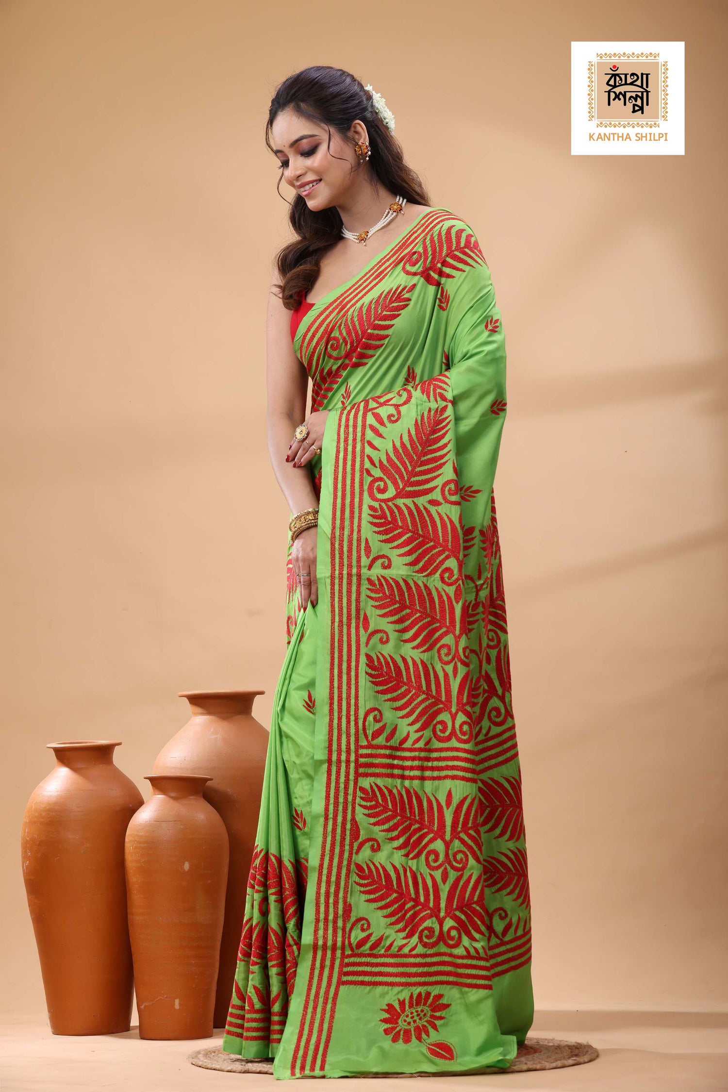 Green Color Bangalore Silk Red Color Thread Work Kantha Stitch Saree