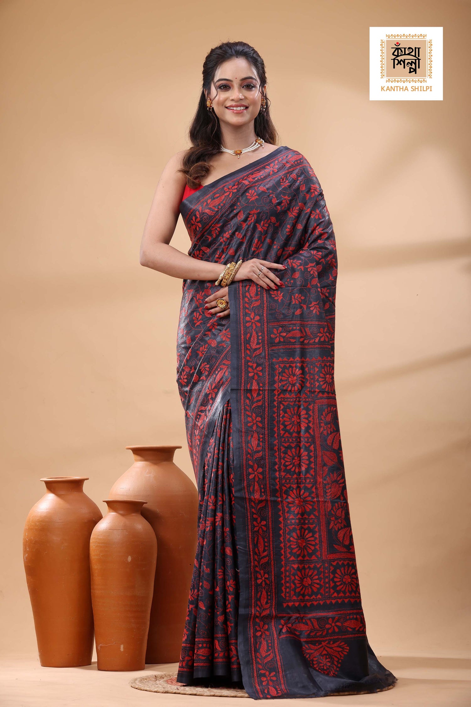 Pure Gachi Dye Tussar Black Red Color Thread Work Kantha Stitch Saree