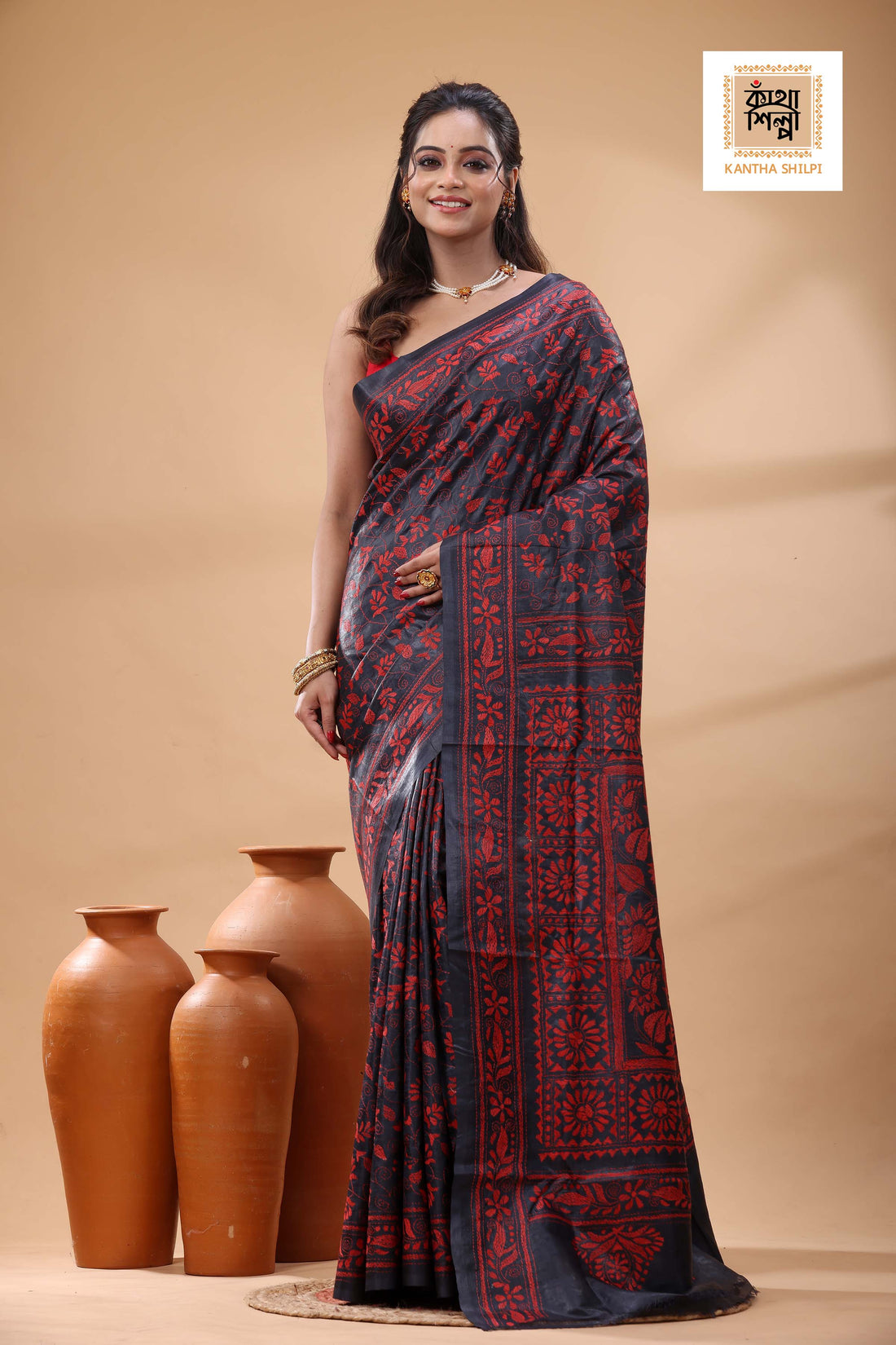 Pure Gachi Dye Tussar Black Red Color Thread Work Kantha Stitch Saree