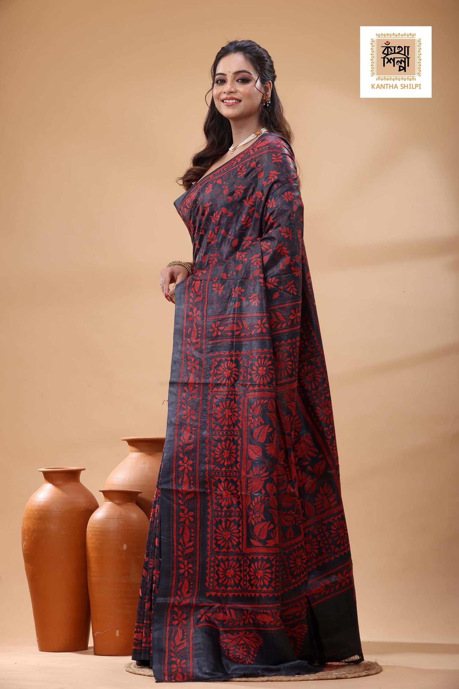 Pure Gachi Dye Tussar Black Red Color Thread Work Kantha Stitch Saree