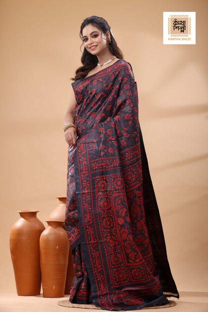 Pure Gachi Dye Tussar Black Red Color Thread Work Kantha Stitch Saree