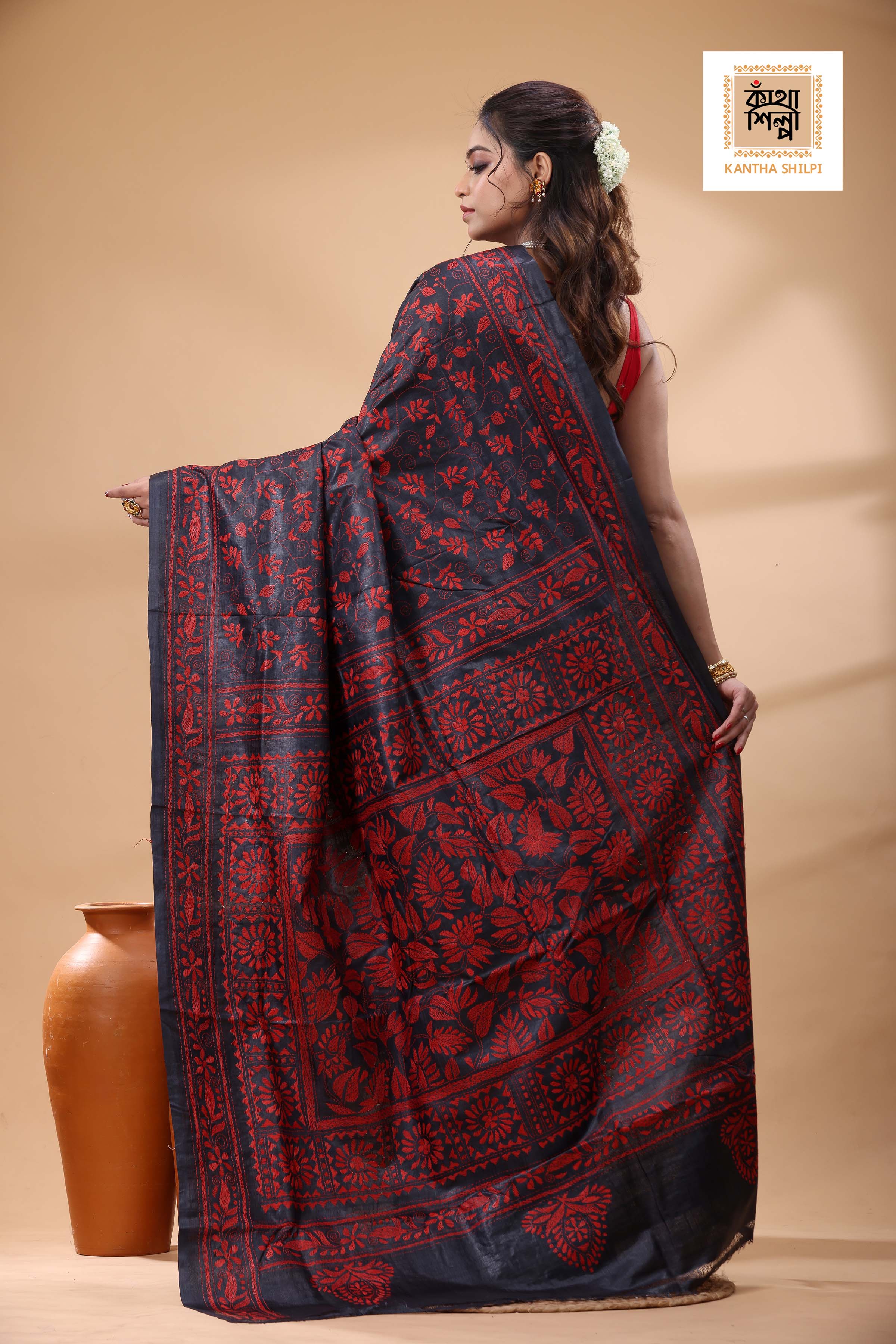 Pure Gachi Dye Tussar Black Red Color Thread Work Kantha Stitch Saree