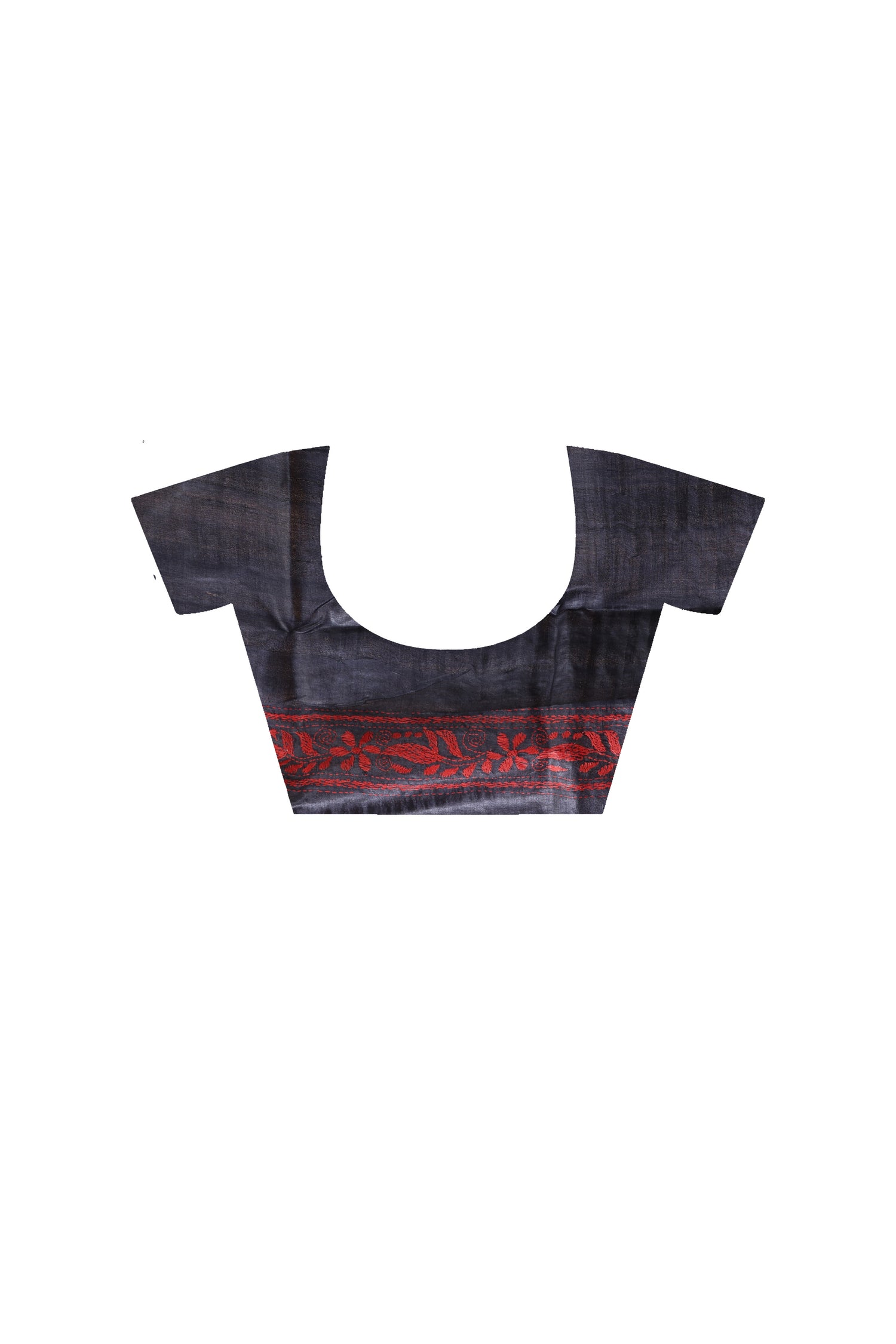 Pure Gachi Dye Tussar Black Red Color Thread Work Kantha Stitch Saree