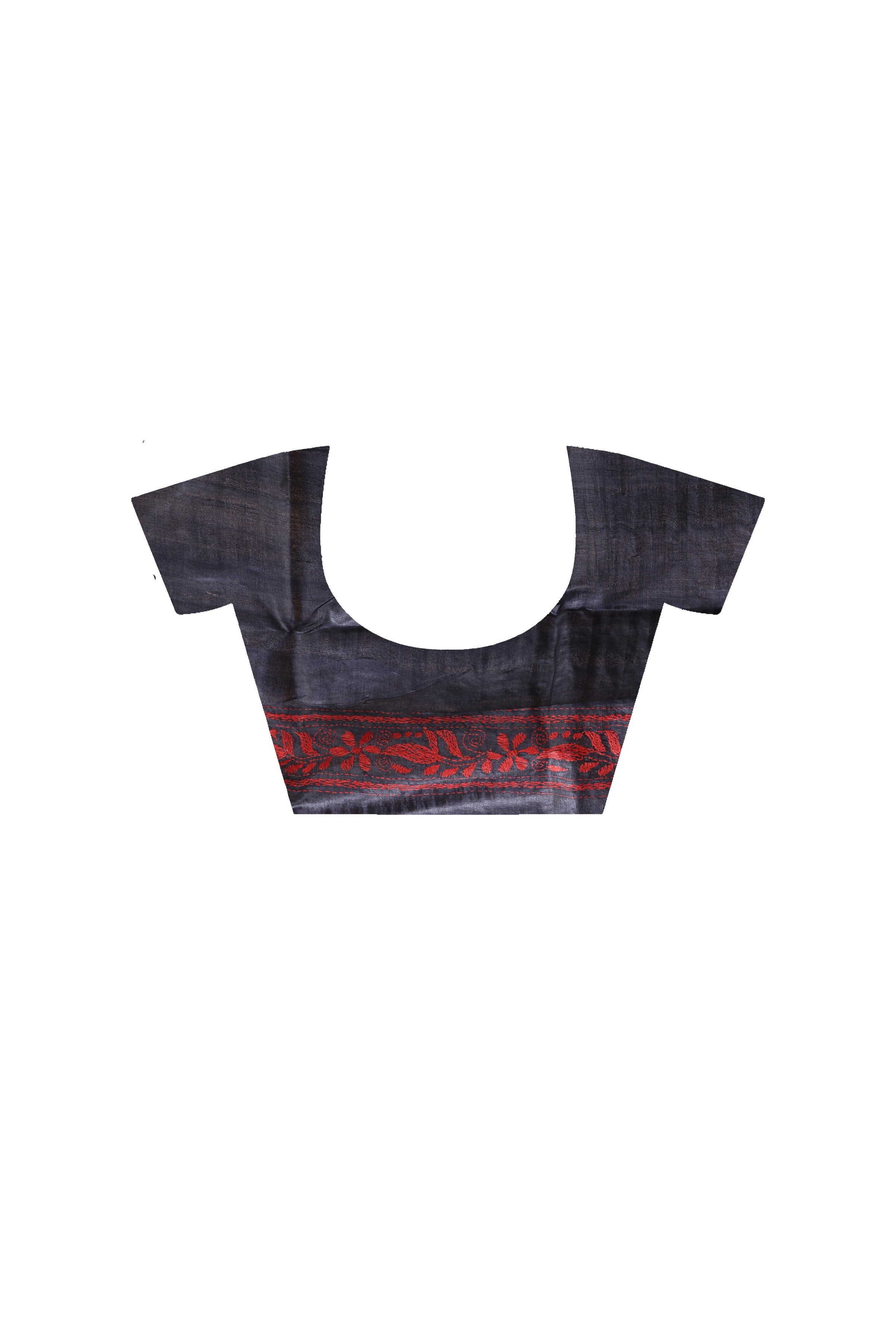 Pure Gachi Dye Tussar Black Red Color Thread Work Kantha Stitch Saree