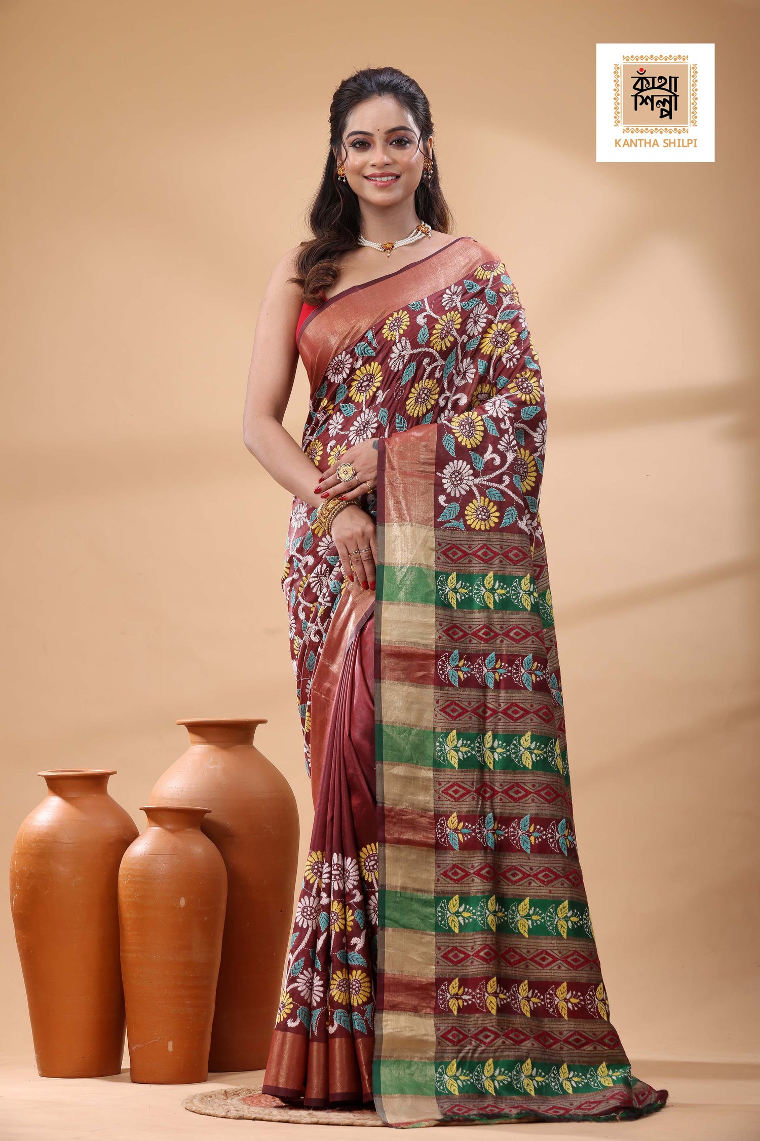 Bishnupuri (Katan) Silk Kantha Stitch Saree