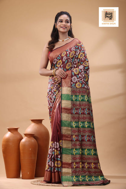 Bishnupuri (Katan) Silk Kantha Stitch Saree