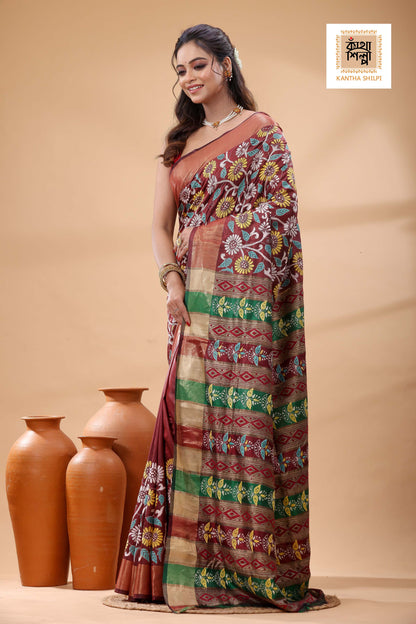 Bishnupuri (Katan) Silk Kantha Stitch Saree