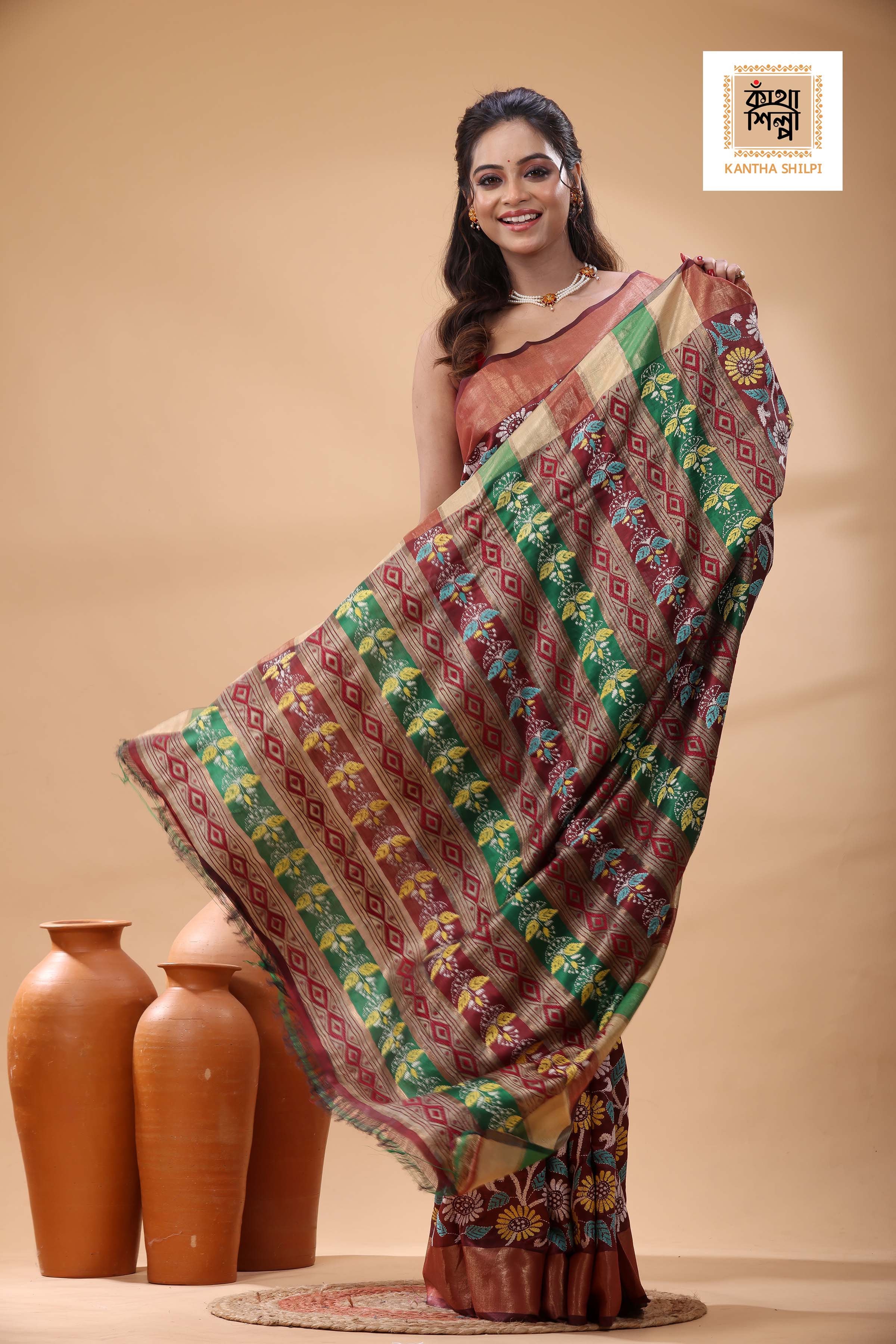 Bishnupuri (Katan) Silk Kantha Stitch Saree