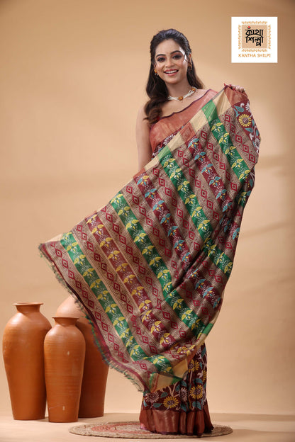 Bishnupuri (Katan) Silk Kantha Stitch Saree
