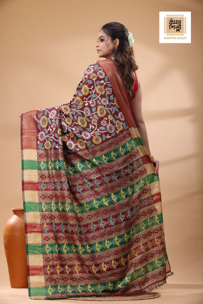 Bishnupuri (Katan) Silk Kantha Stitch Saree