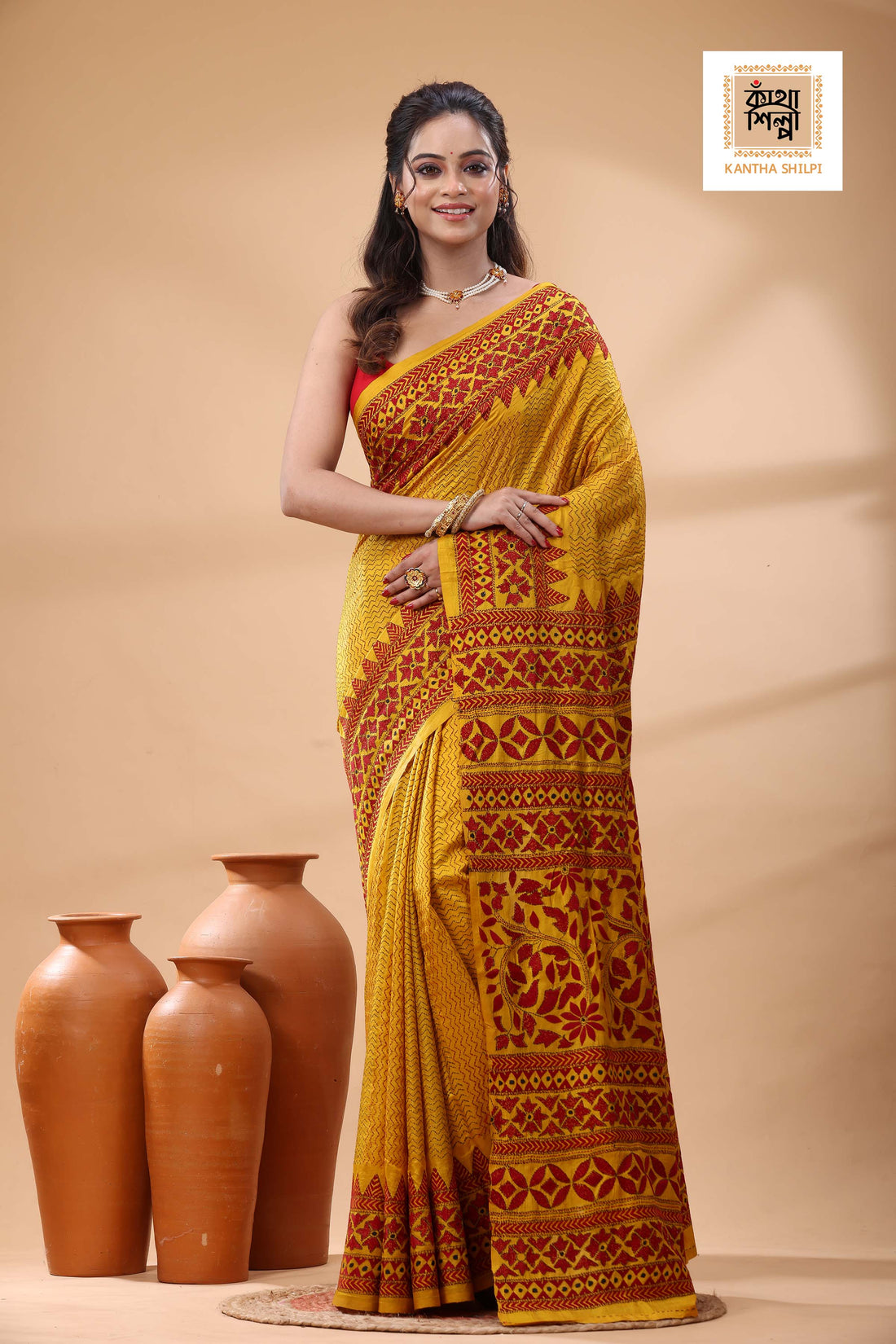 Bishnupuri (Katan) Silk Kantha Stitch Saree