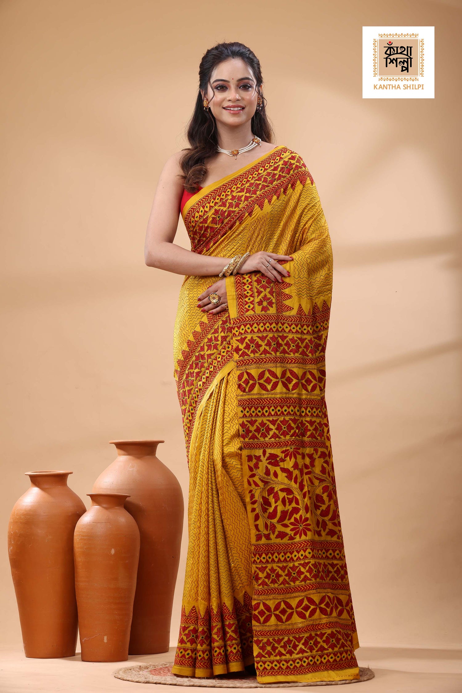 Bishnupuri (Katan) Silk Kantha Stitch Saree