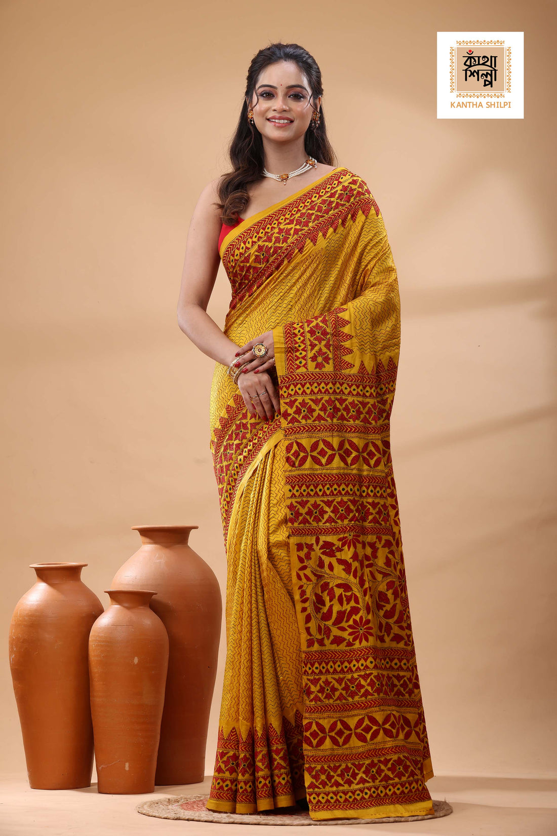 Bishnupuri (Katan) Silk Kantha Stitch Saree