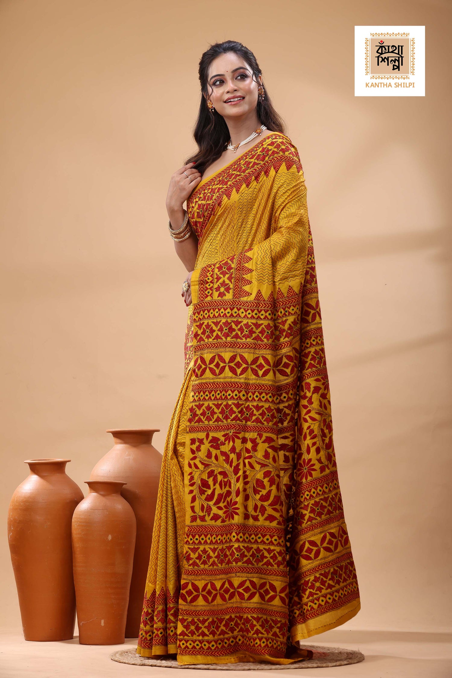 Bishnupuri (Katan) Silk Kantha Stitch Saree