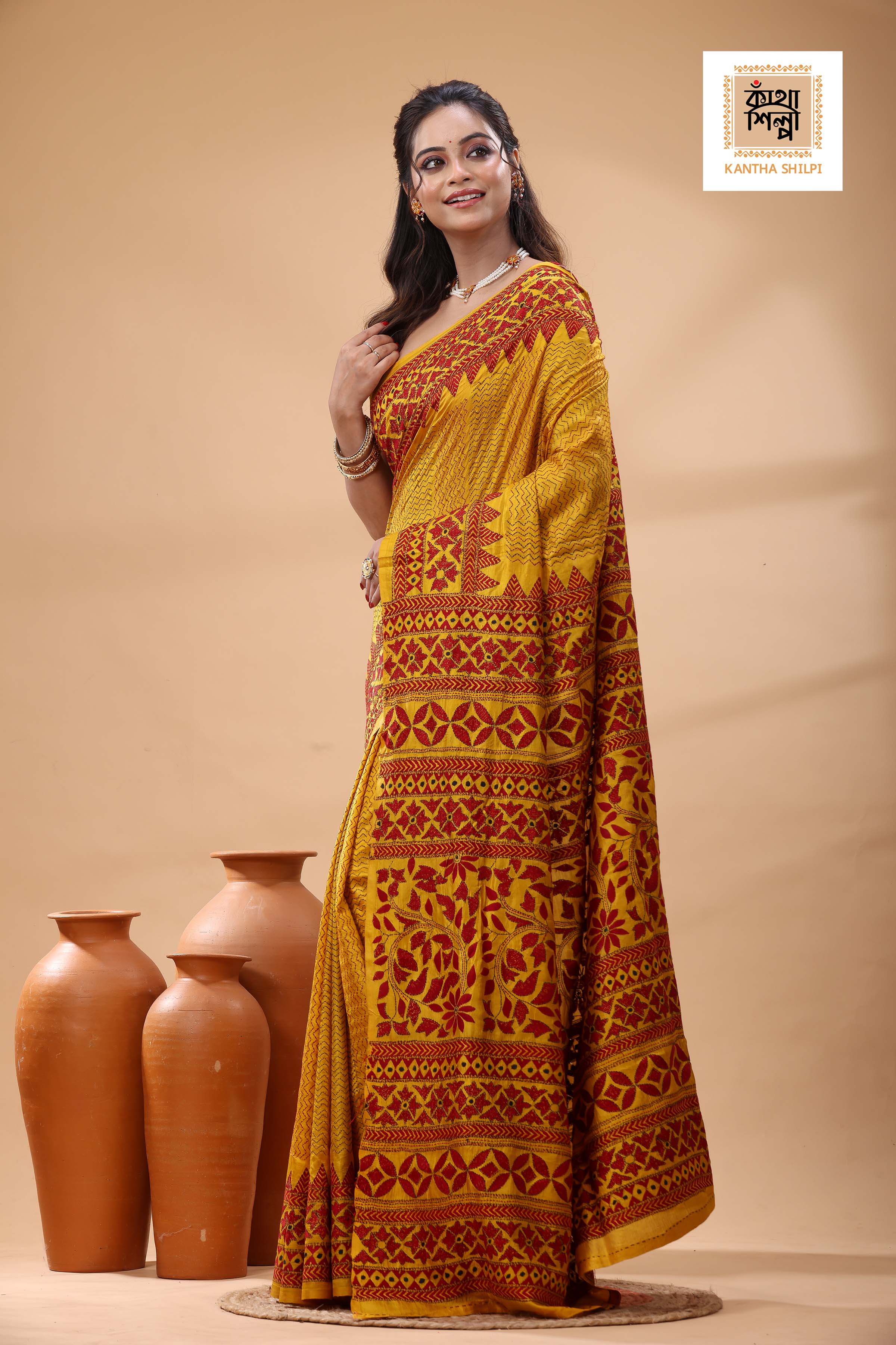 Bishnupuri (Katan) Silk Kantha Stitch Saree
