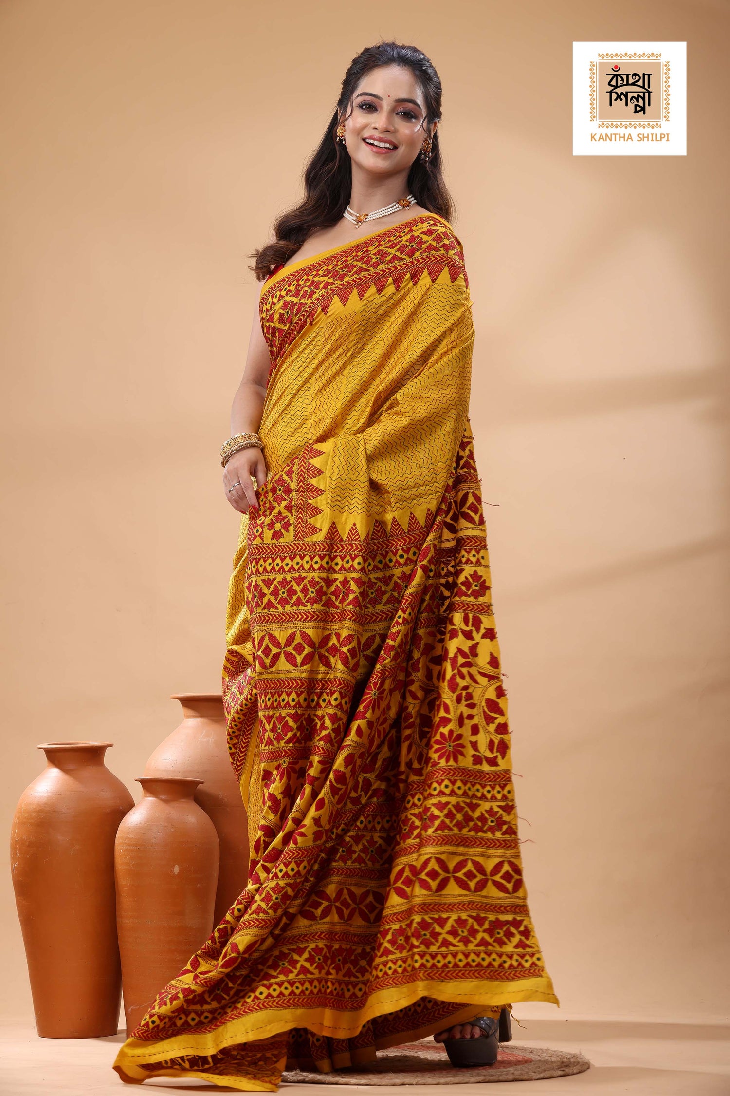 Bishnupuri (Katan) Silk Kantha Stitch Saree