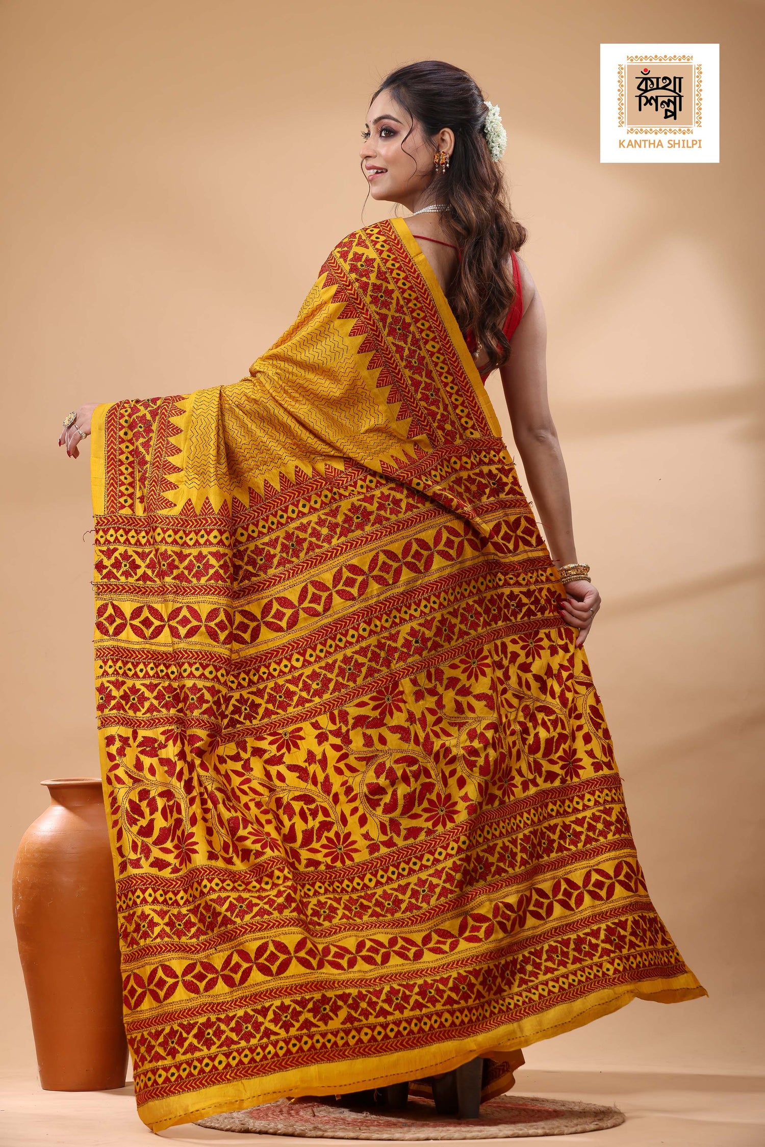 Bishnupuri (Katan) Silk Kantha Stitch Saree