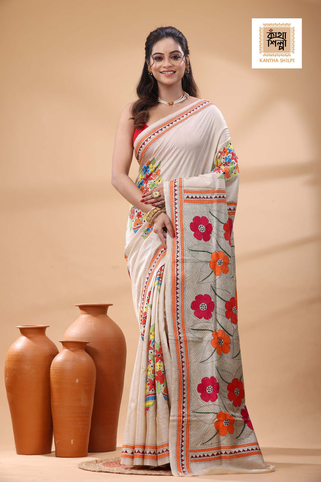 Pure Gachi Tussar Multicolor Thread Work Kantha Stitch Saree