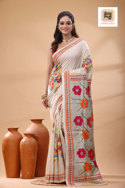 Pure Gachi Tussar Multicolor Thread Work Kantha Stitch Saree