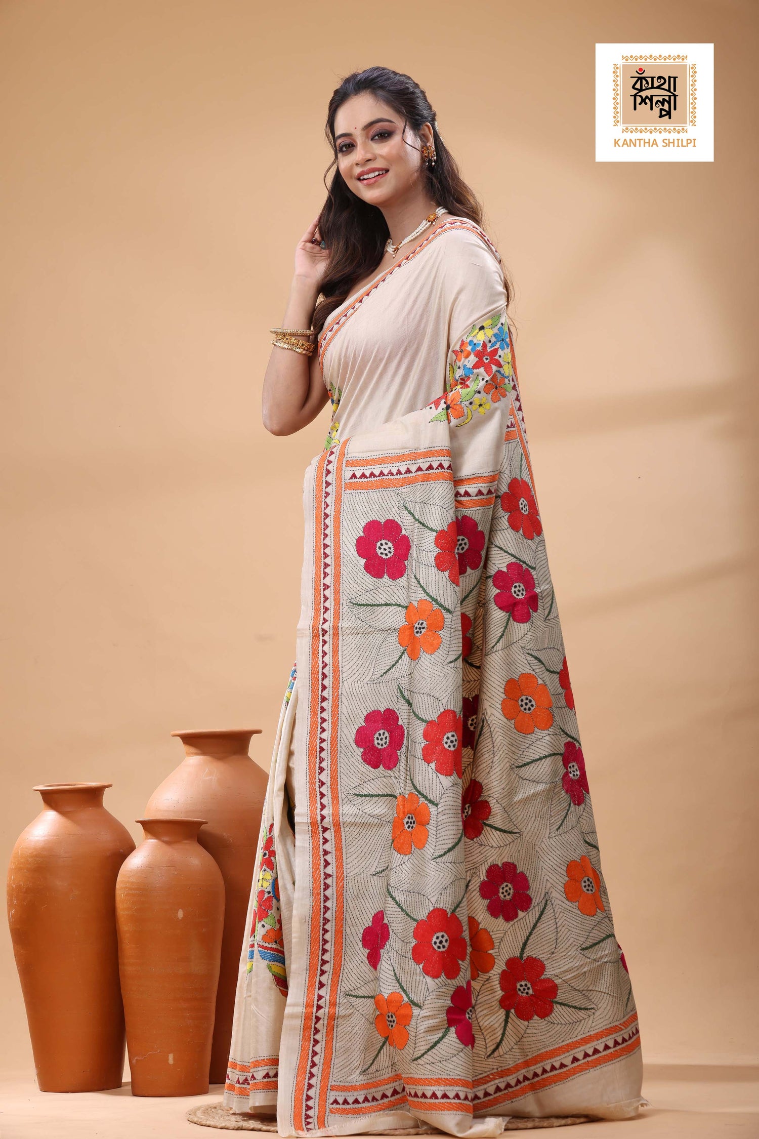 Pure Gachi Tussar Multicolor Thread Work Kantha Stitch Saree