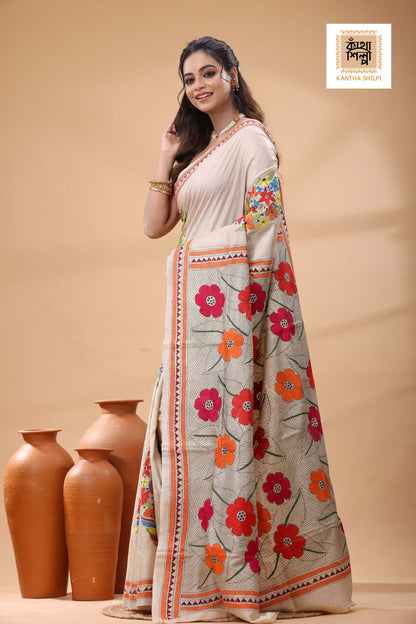 Pure Gachi Tussar Multicolor Thread Work Kantha Stitch Saree