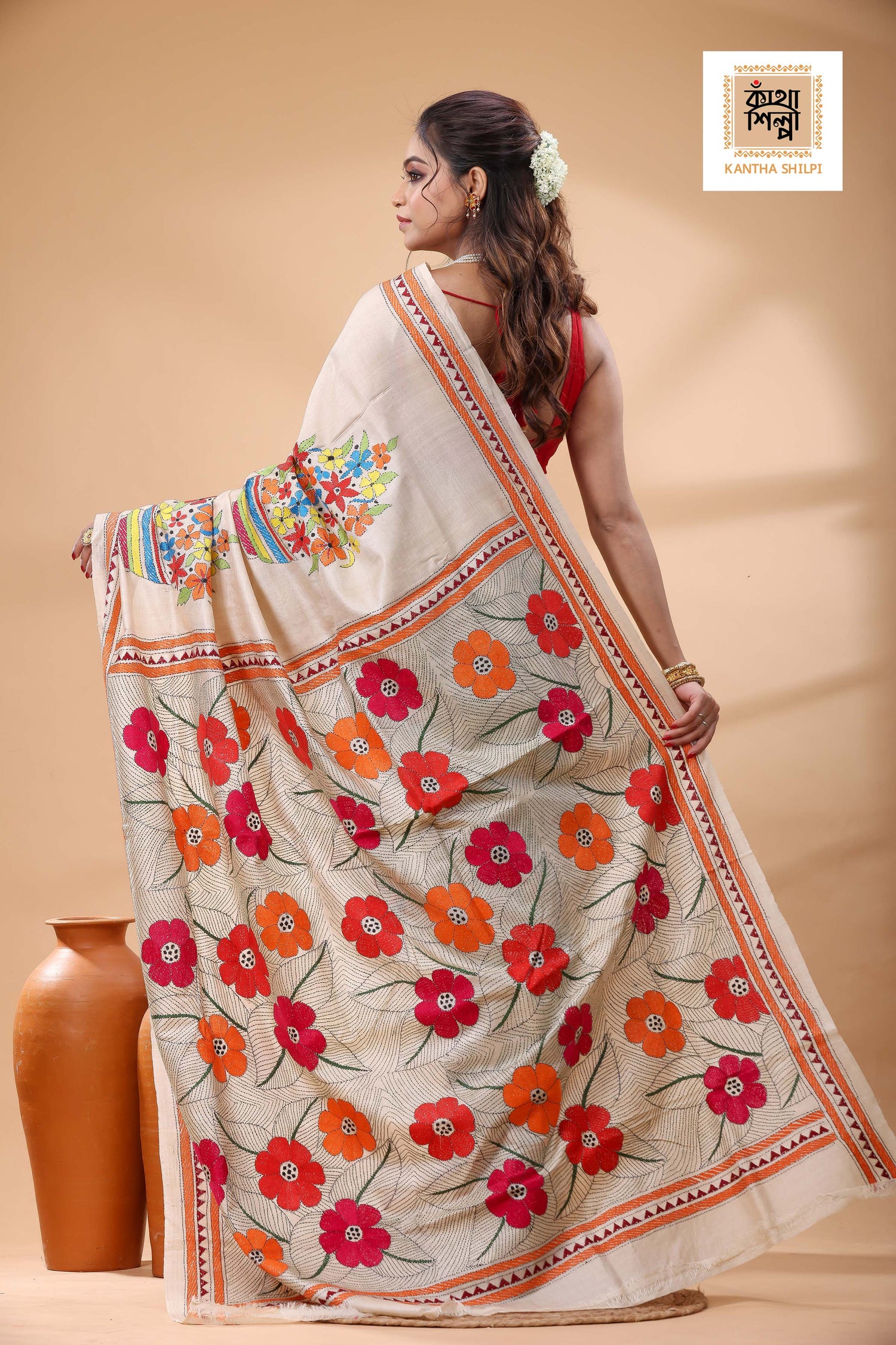 Pure Gachi Tussar Multicolor Thread Work Kantha Stitch Saree