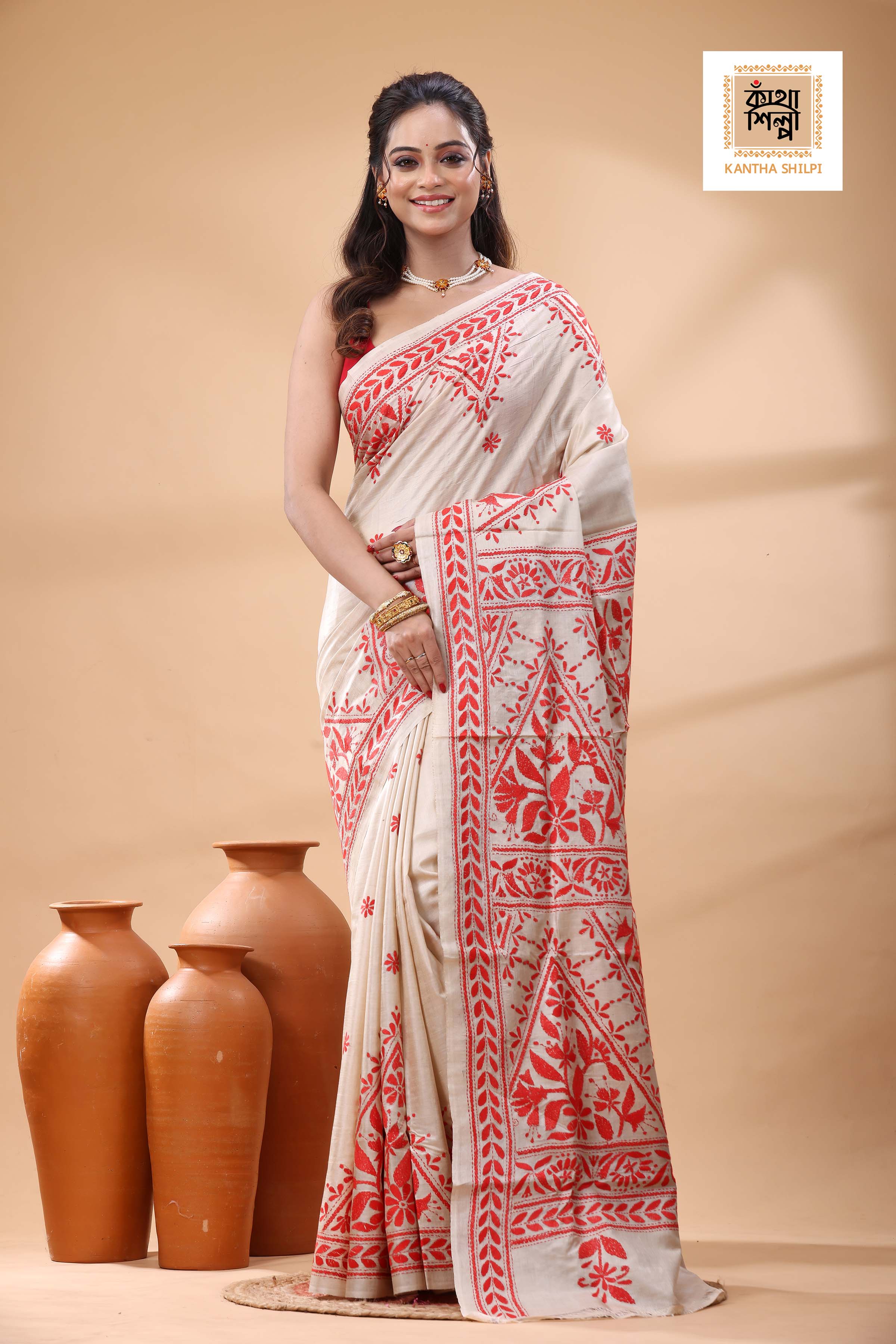 Pure Gachi Tussar Red Color Thread Work Kantha Stitch Saree