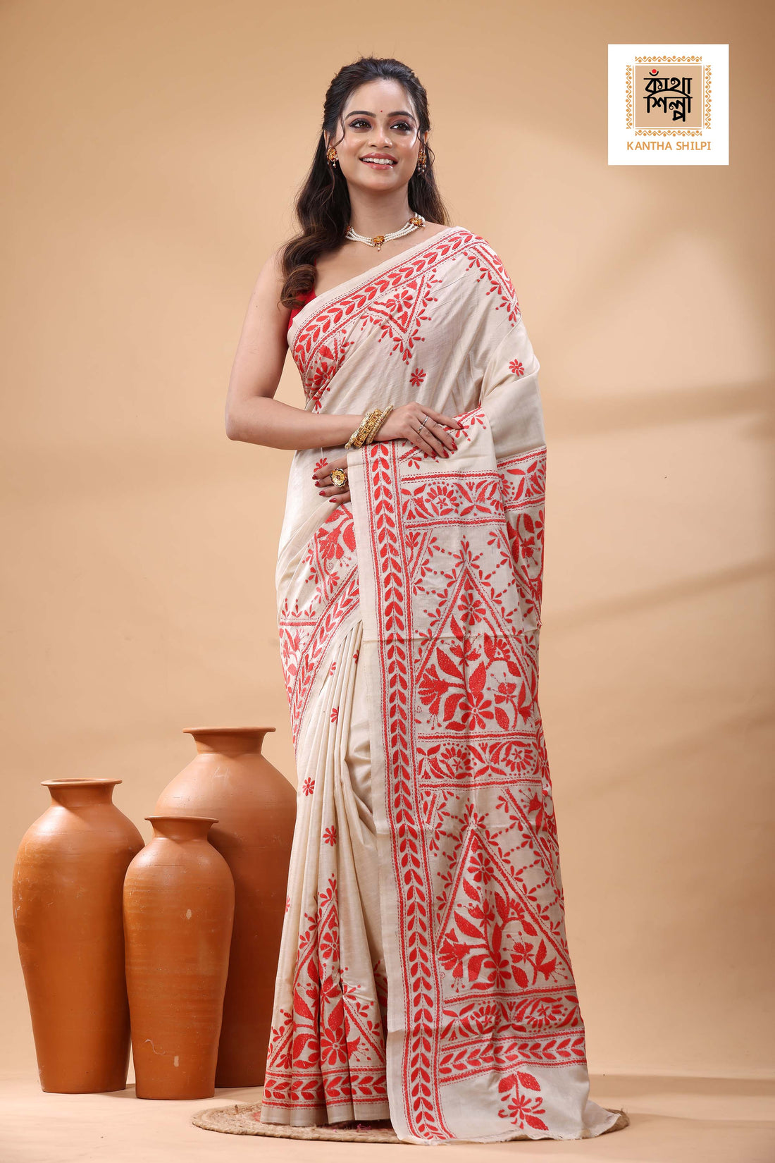 Pure Gachi Tussar Red Color Thread Work Kantha Stitch Saree