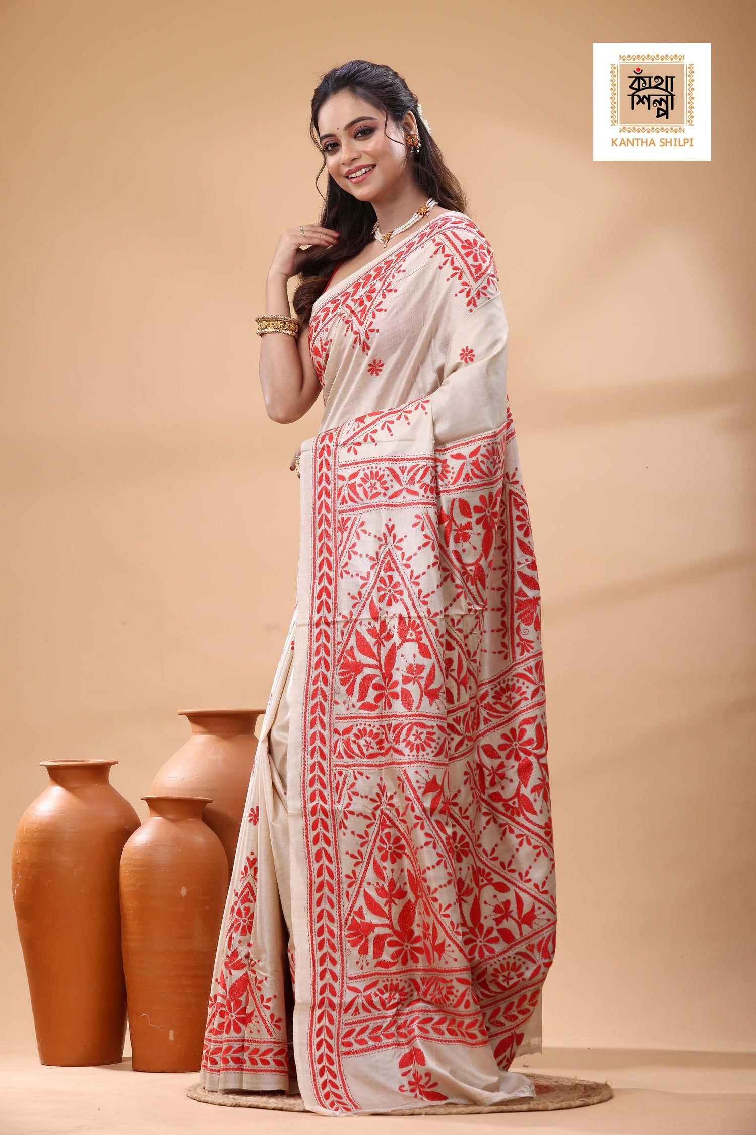 Pure Gachi Tussar Red Color Thread Work Kantha Stitch Saree