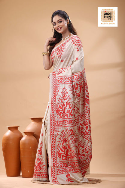 Pure Gachi Tussar Red Color Thread Work Kantha Stitch Saree