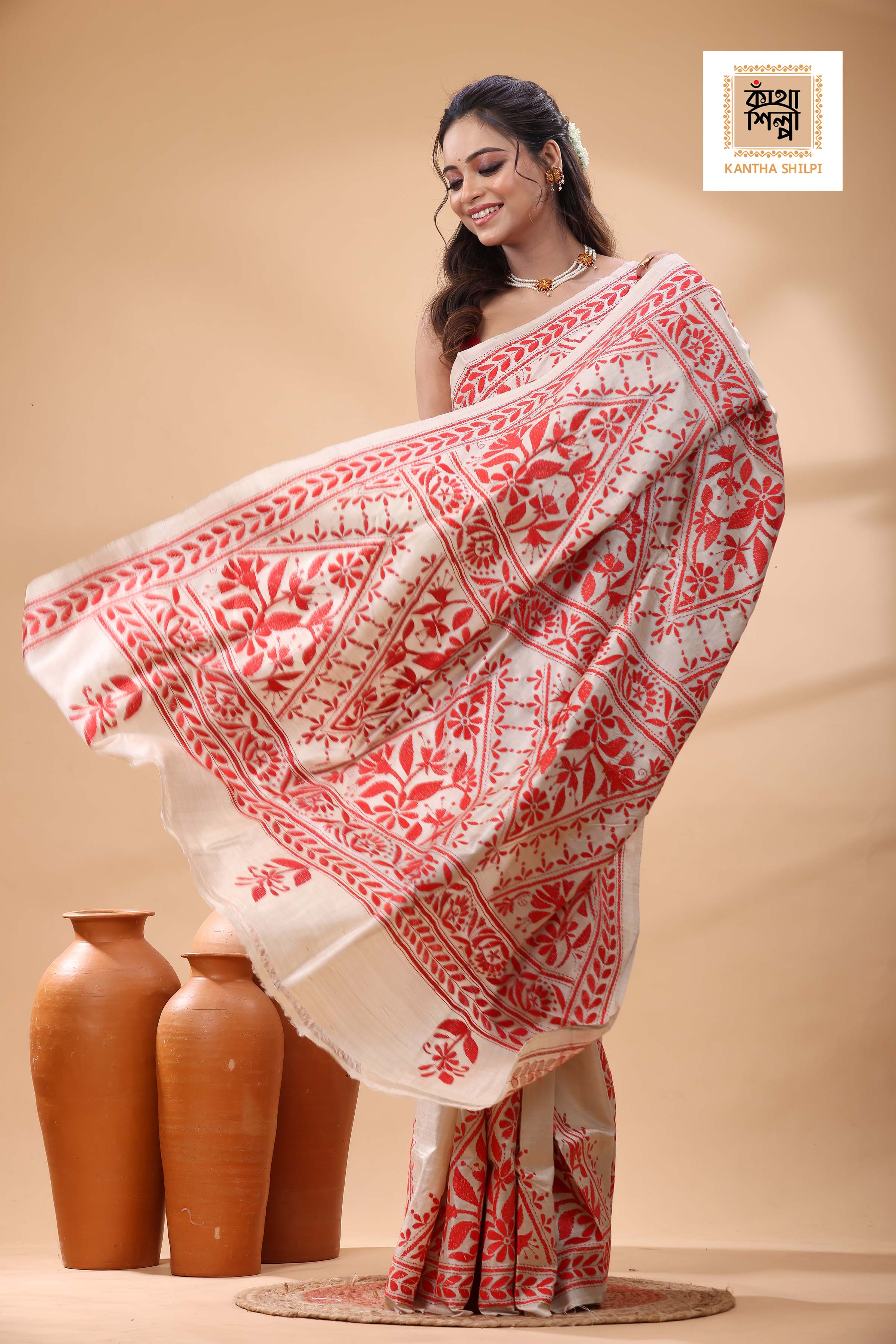 Pure Gachi Tussar Red Color Thread Work Kantha Stitch Saree