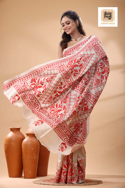 Pure Gachi Tussar Red Color Thread Work Kantha Stitch Saree