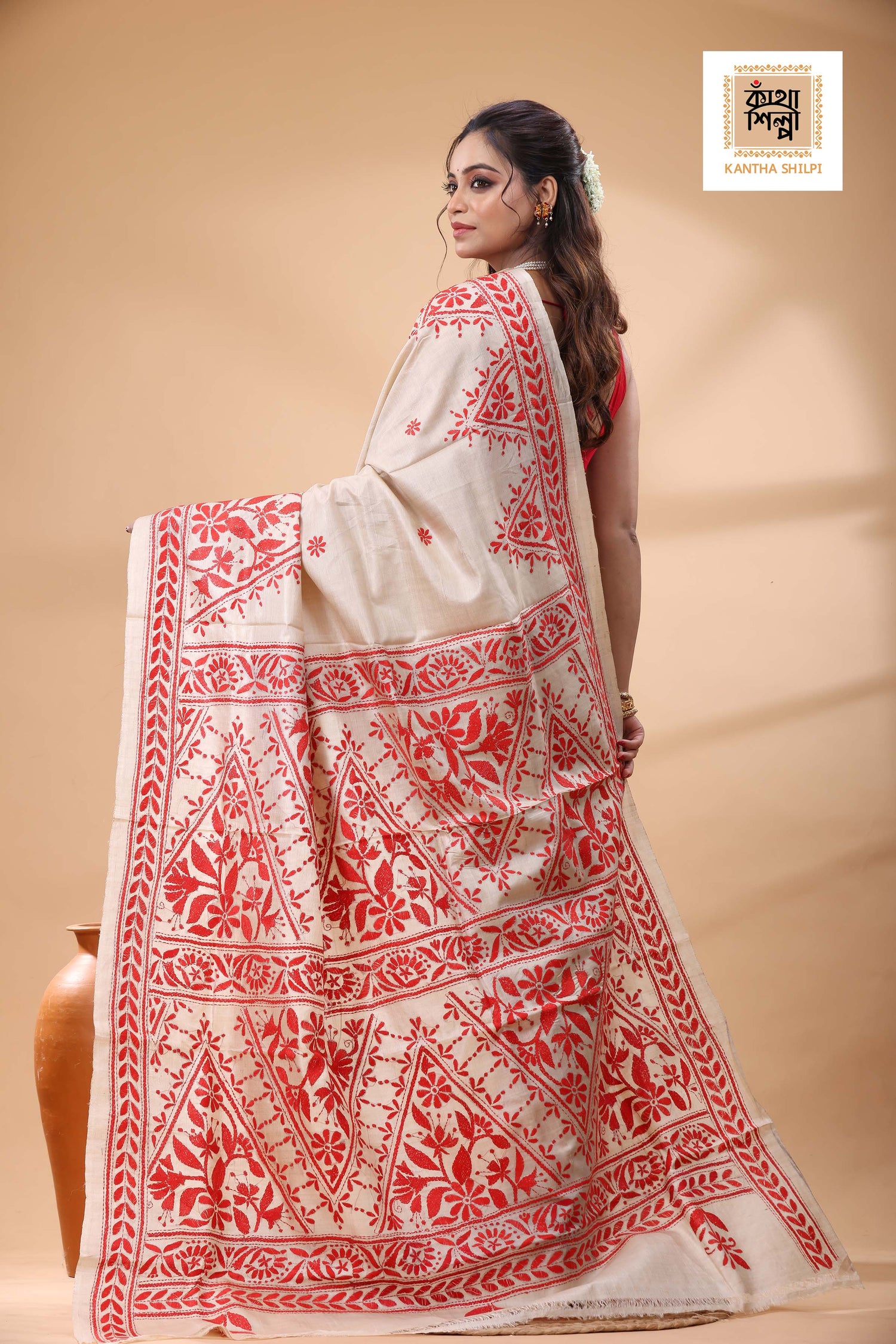 Pure Gachi Tussar Red Color Thread Work Kantha Stitch Saree