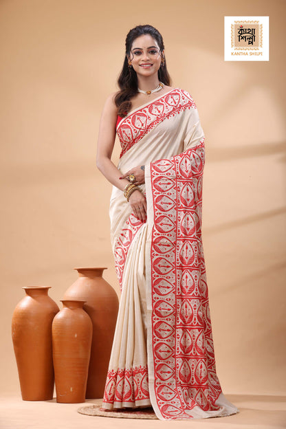 Pure Gachi Tussar Red Color Thread Work Kantha Stitch Saree