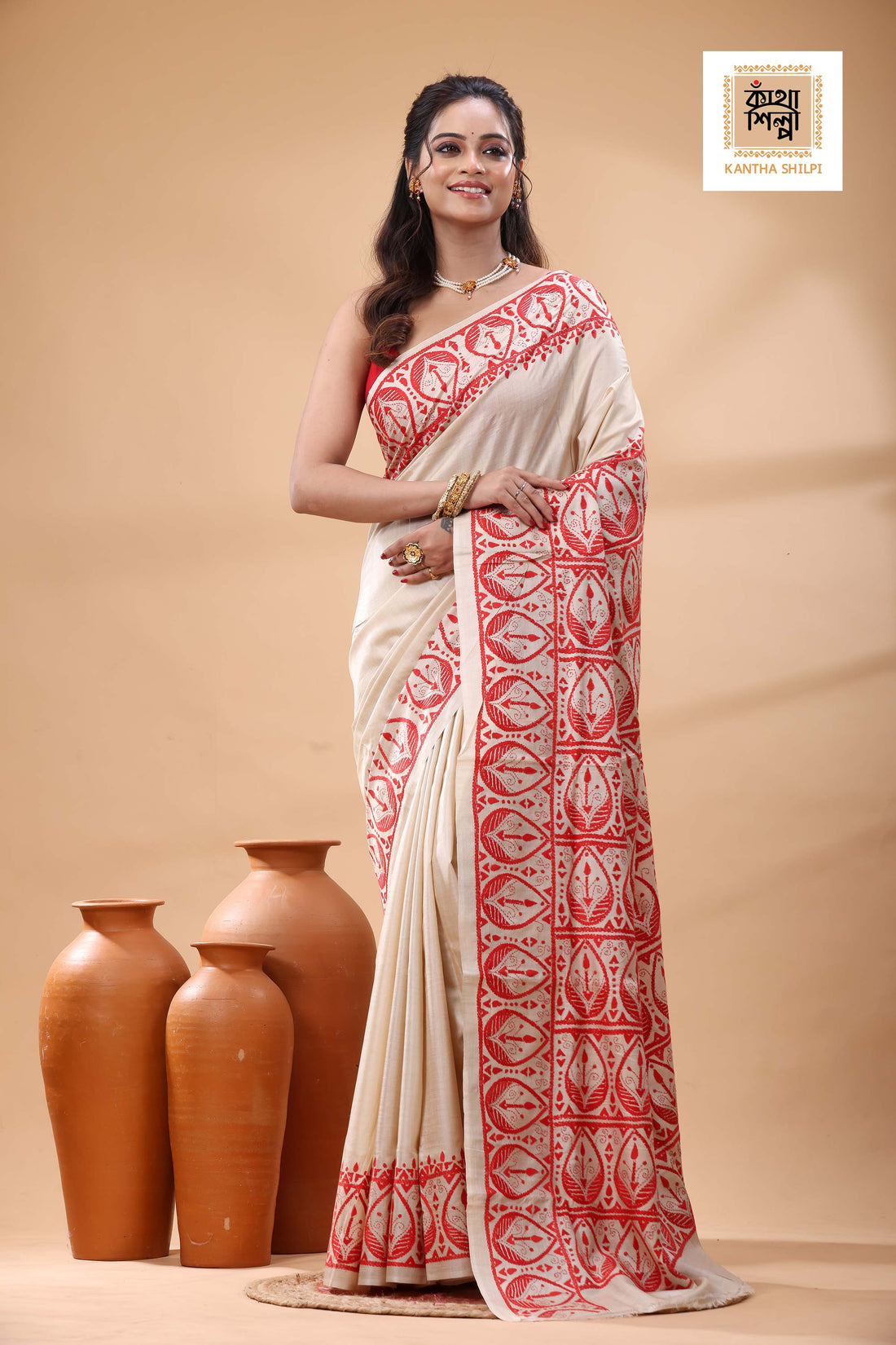 Pure Gachi Tussar Red Color Thread Work Kantha Stitch Saree