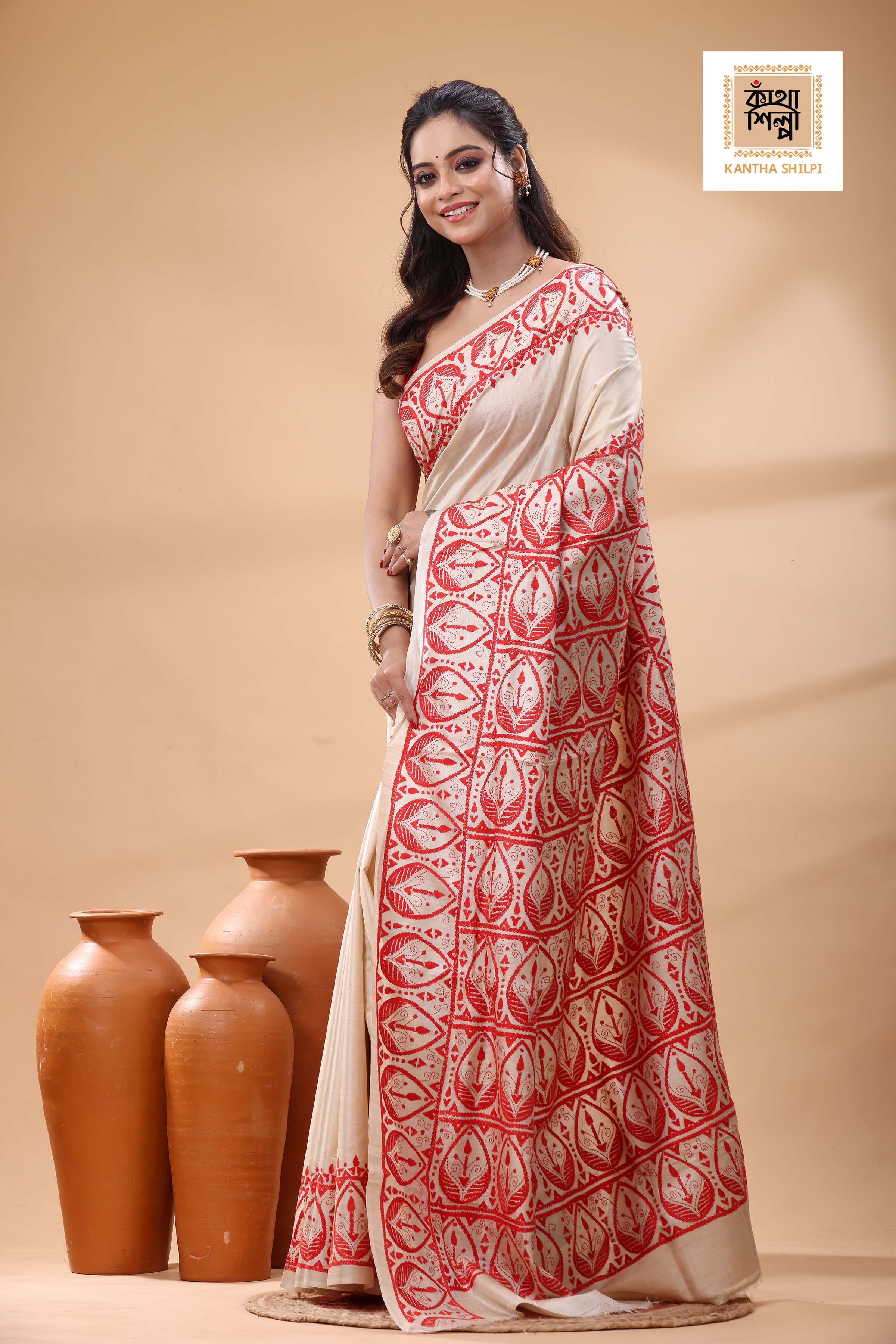 Pure Gachi Tussar Red Color Thread Work Kantha Stitch Saree
