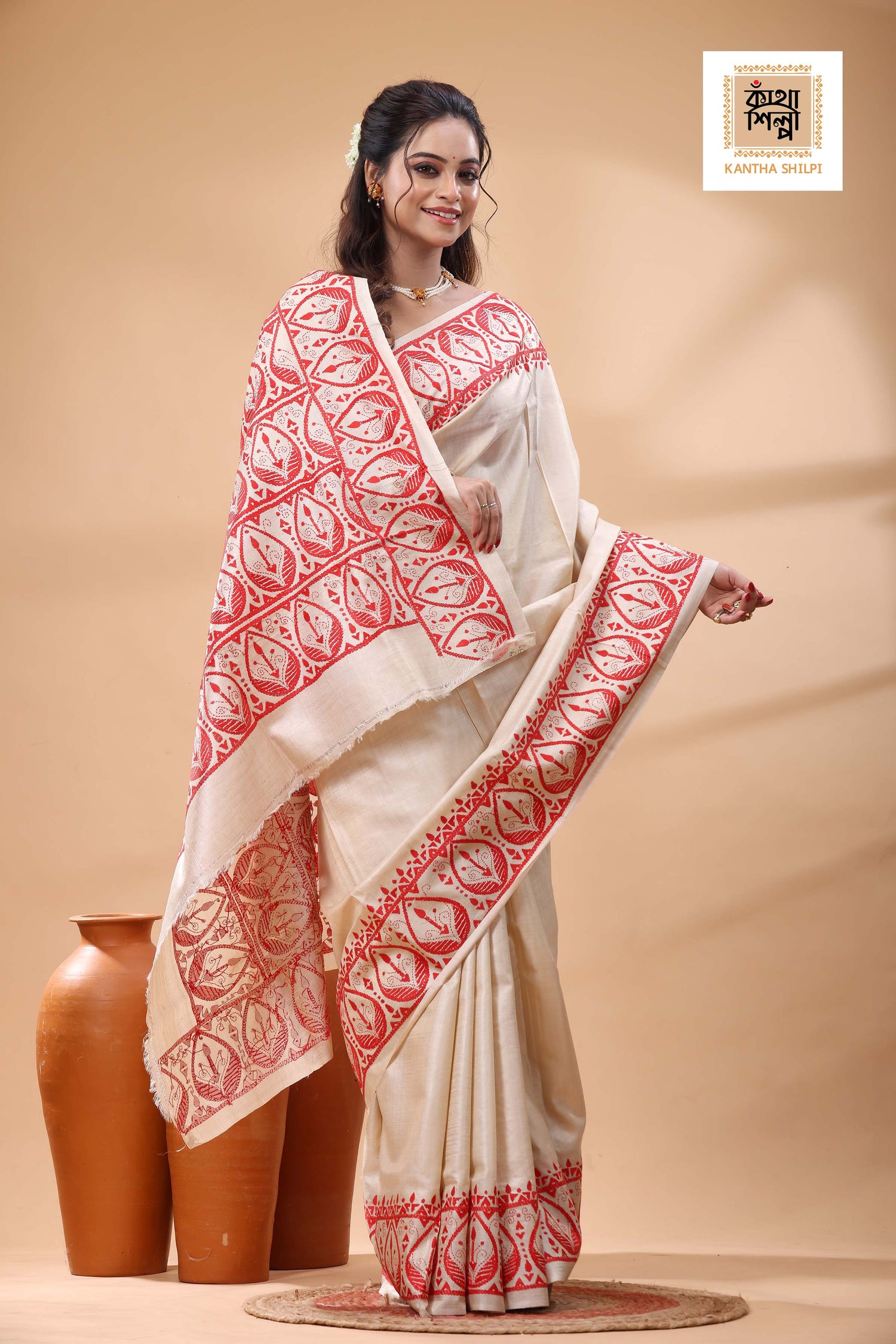 Pure Gachi Tussar Red Color Thread Work Kantha Stitch Saree