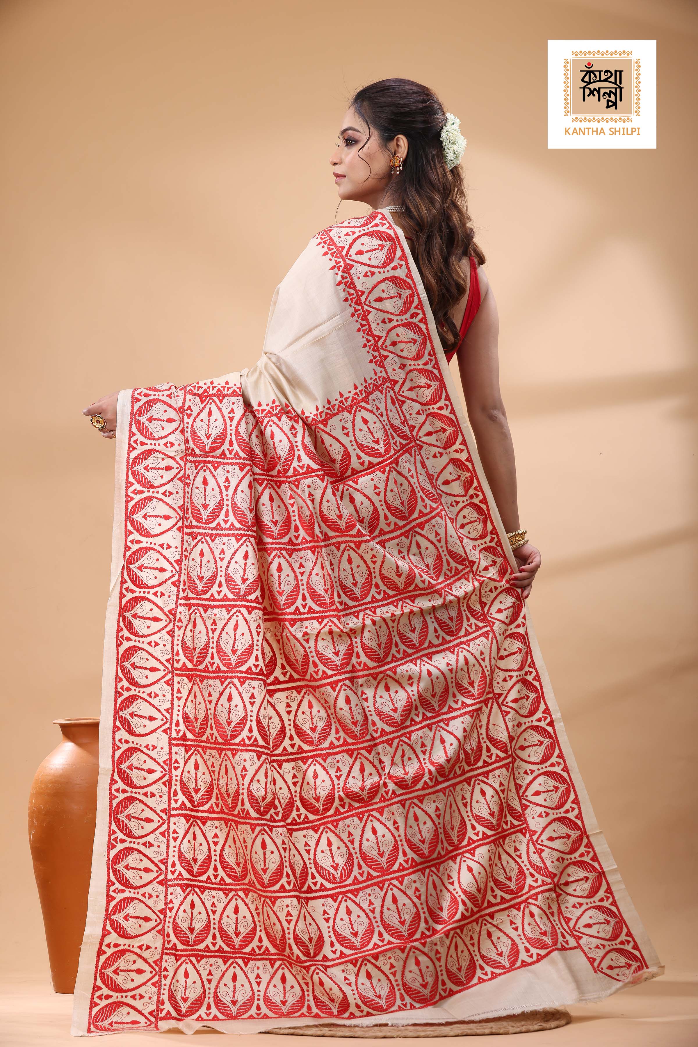 Pure Gachi Tussar Red Color Thread Work Kantha Stitch Saree