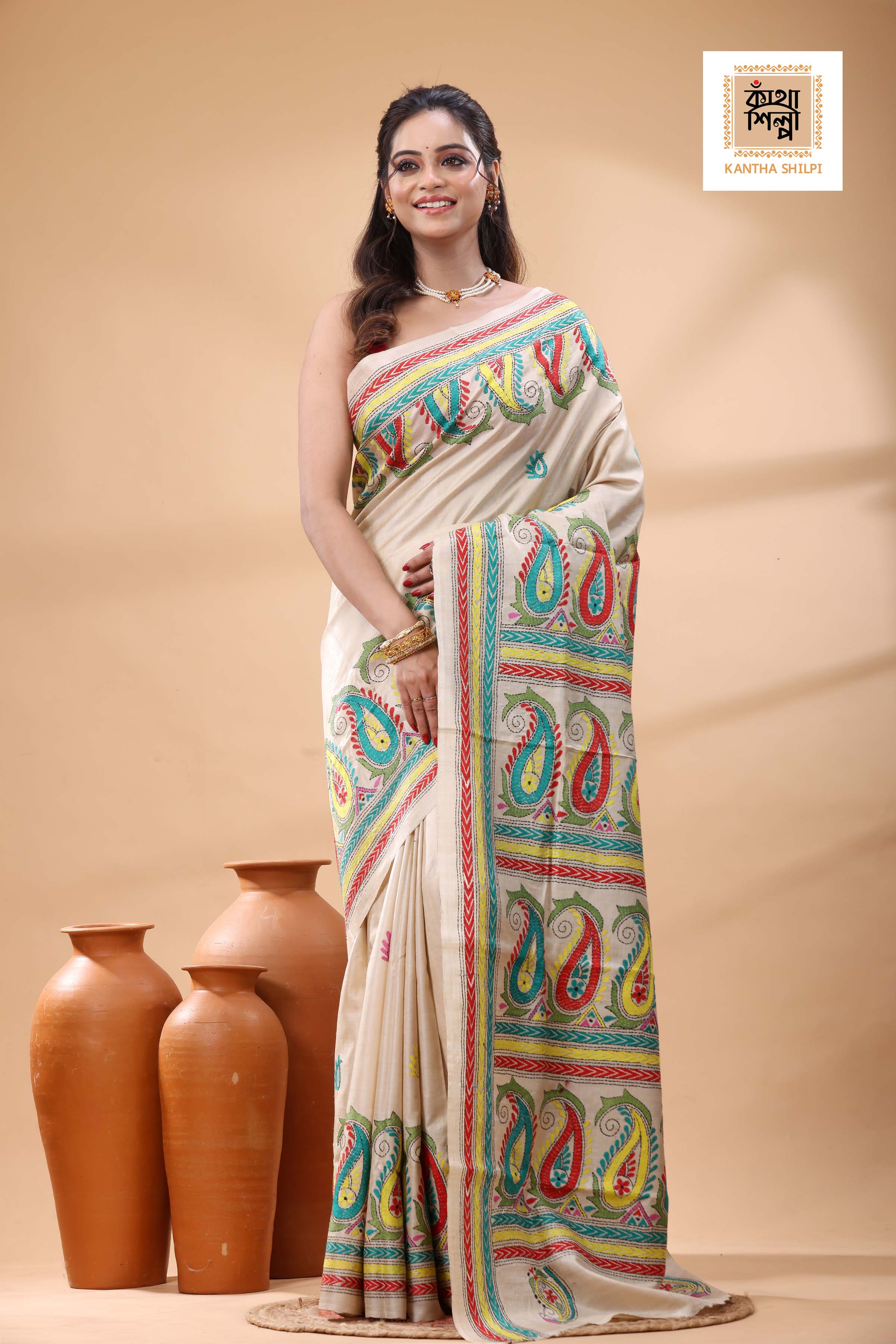 Pure Gachi Tussar Multicolor Thread Work Kantha Stitch Saree