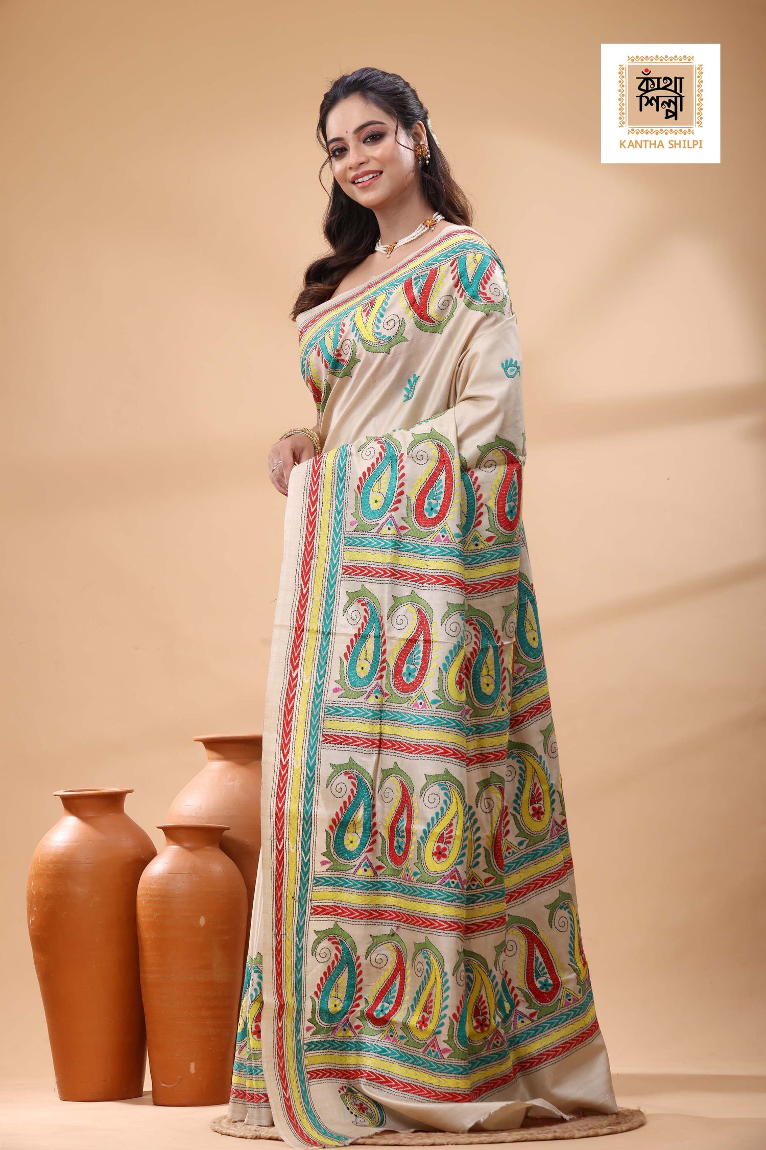 Pure Gachi Tussar Multicolor Thread Work Kantha Stitch Saree
