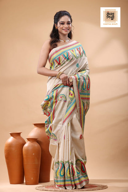 Pure Gachi Tussar Multicolor Thread Work Kantha Stitch Saree