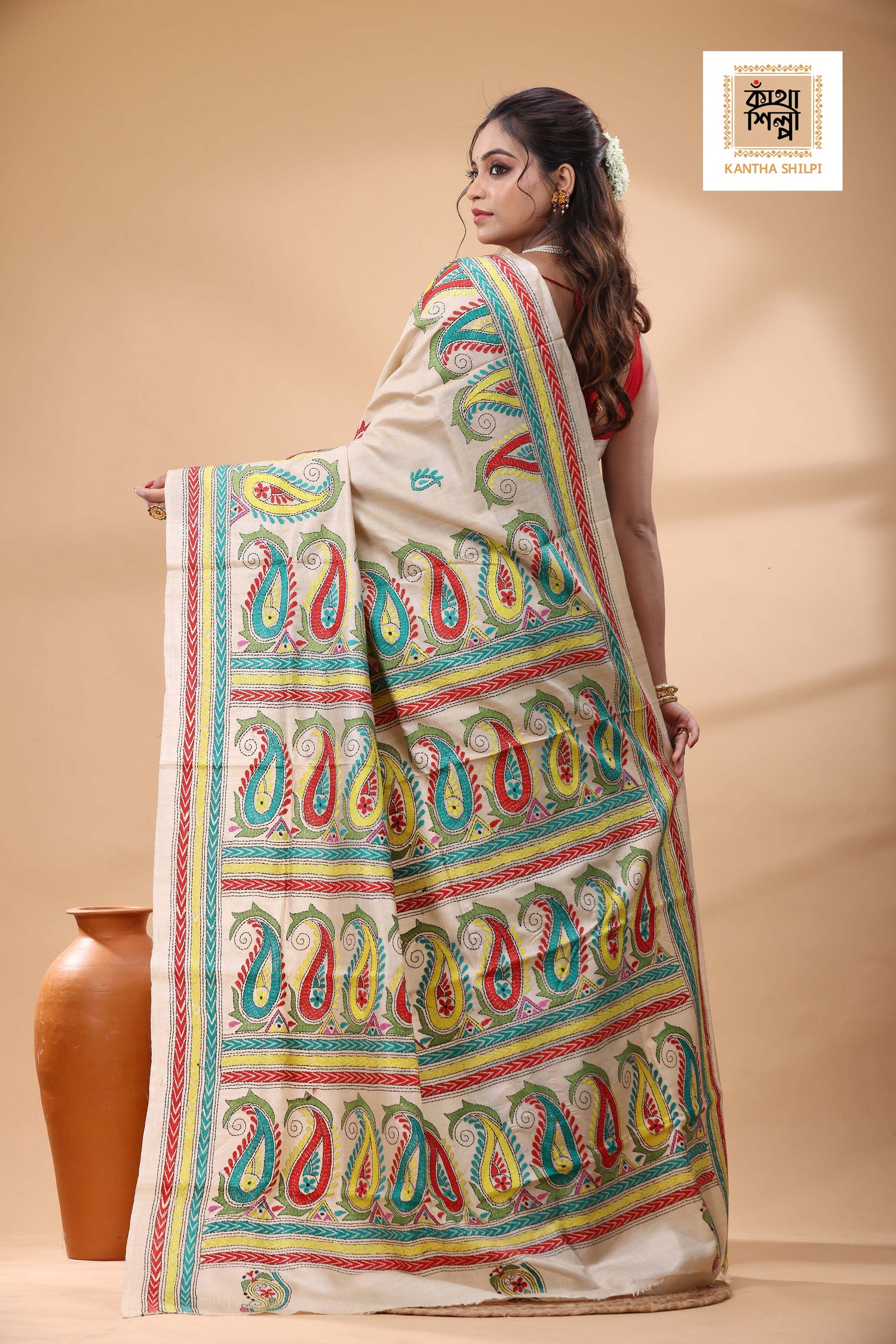 Pure Gachi Tussar Multicolor Thread Work Kantha Stitch Saree