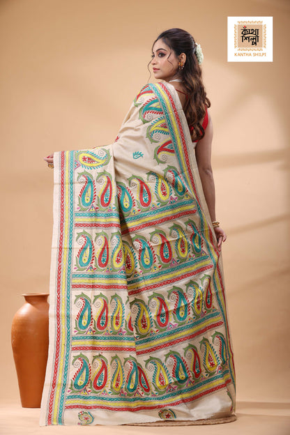 Pure Gachi Tussar Multicolor Thread Work Kantha Stitch Saree