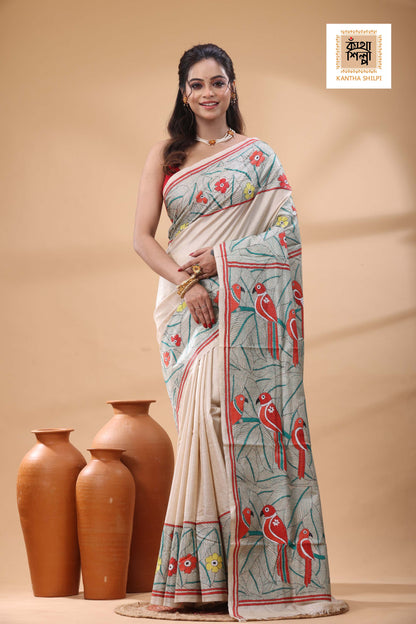 Pure Gachi Tussar Multicolor Thread Work Kantha Stitch Saree