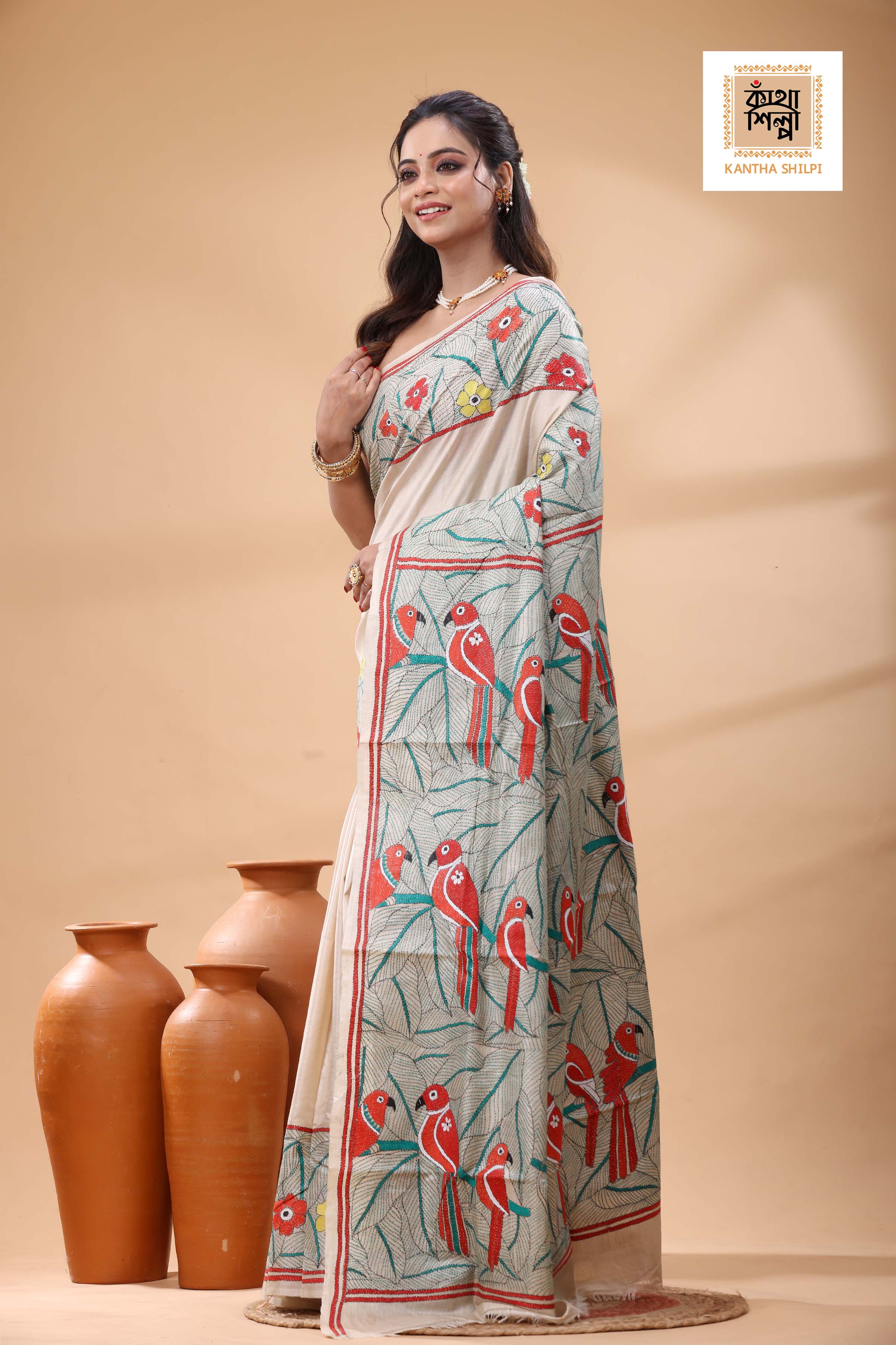 Pure Gachi Tussar Multicolor Thread Work Kantha Stitch Saree