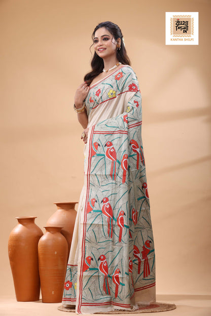Pure Gachi Tussar Multicolor Thread Work Kantha Stitch Saree