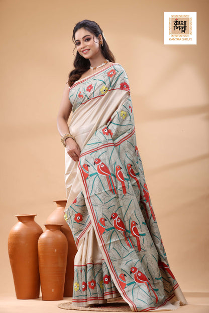 Pure Gachi Tussar Multicolor Thread Work Kantha Stitch Saree