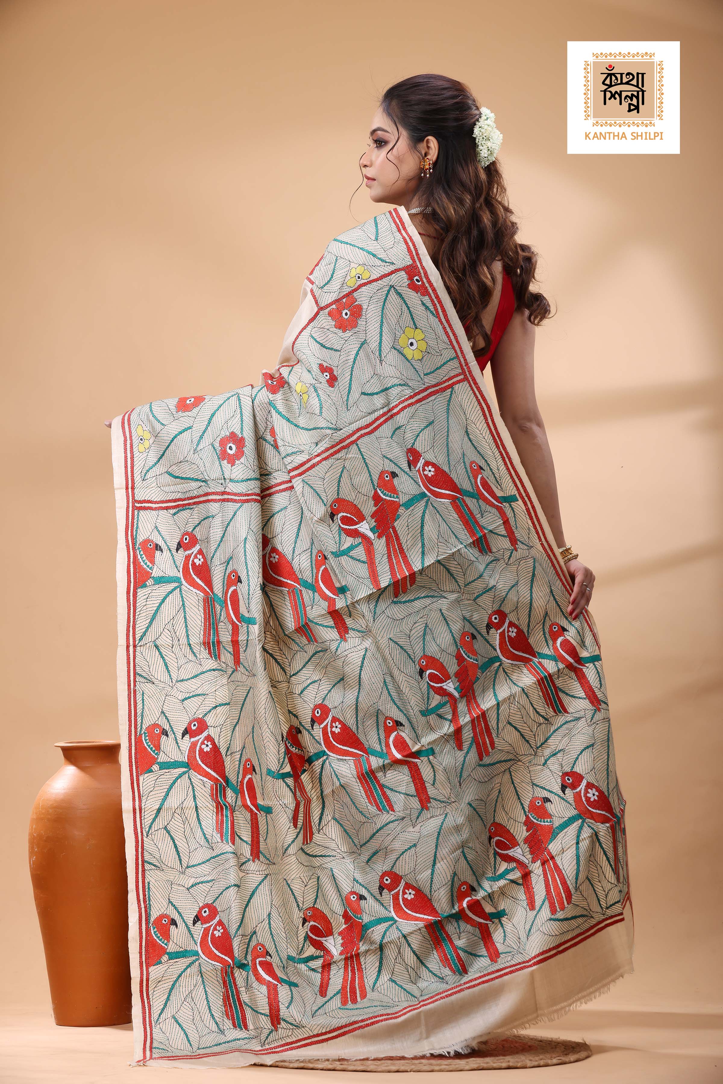 Pure Gachi Tussar Multicolor Thread Work Kantha Stitch Saree
